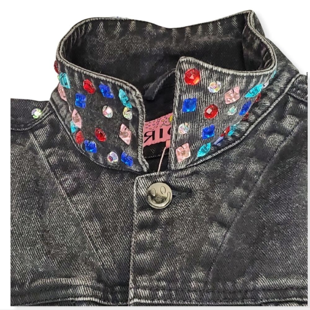 Rock Glam Rhinestone Studded Black Denim Jacket Bedazzled Vintage Size 10 - Picture 9 of 15